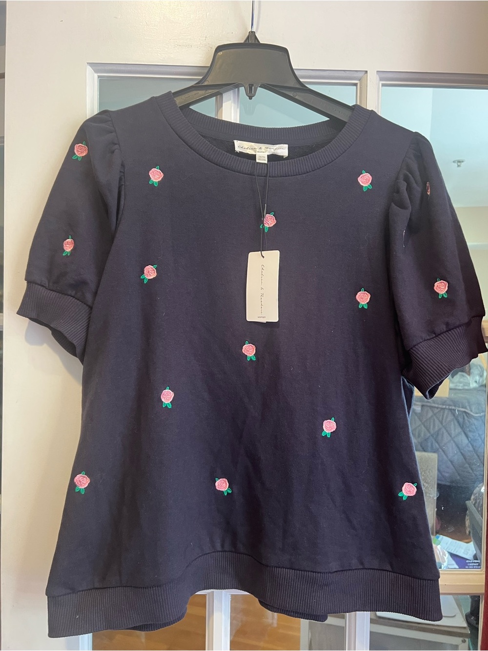 Embroidered Rose Navy Short-Sleeve Crewneck Sweatshirt - Unbranded